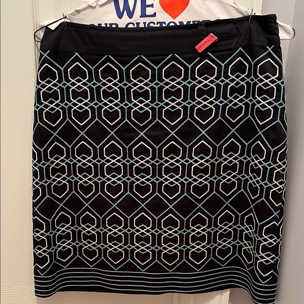 Ann Taylor Navy Blue and White Geometric Pencil Skirt
